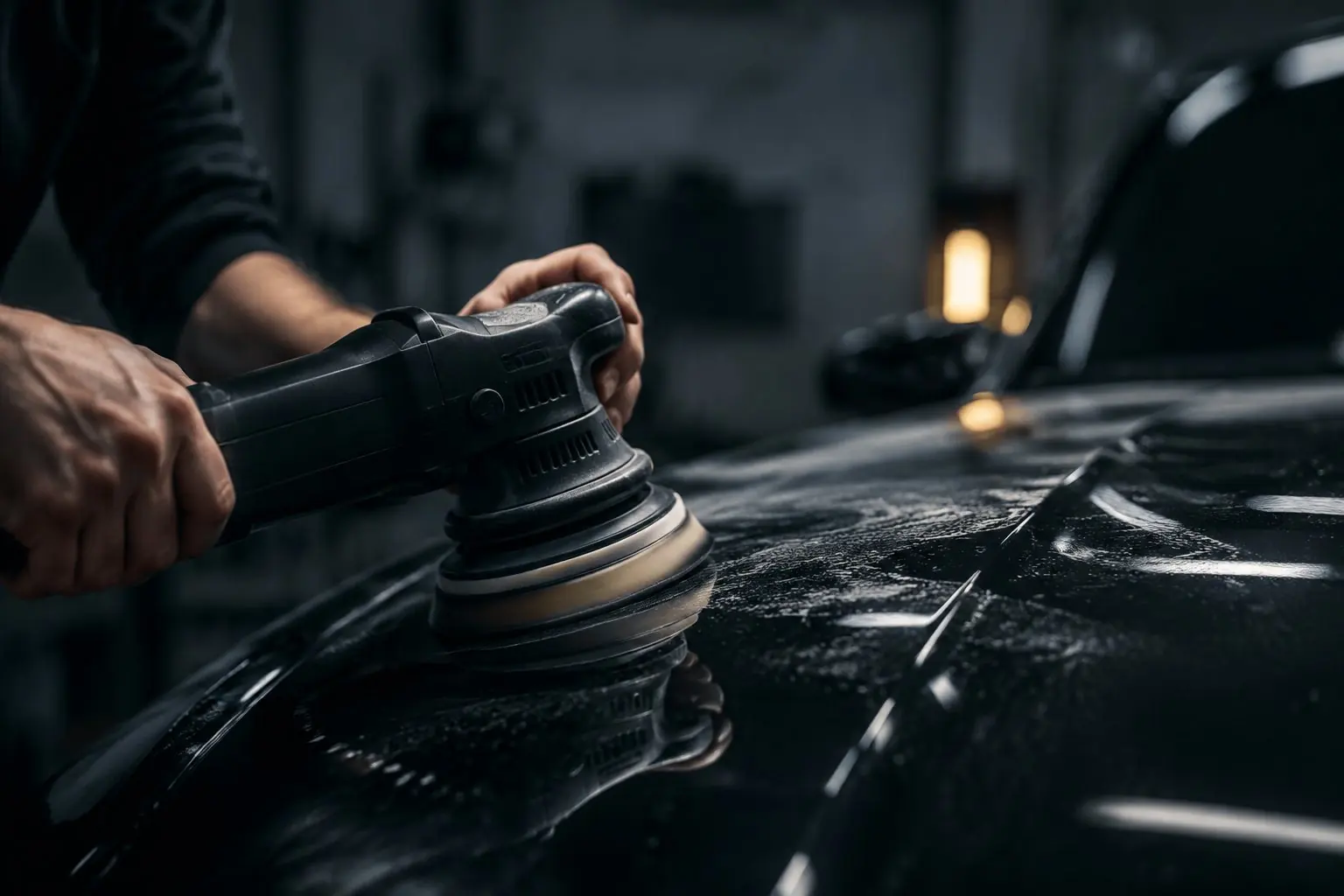 Exzenterpoliermaschine auf einer schwarzen Motorhaube, Politurreste auf dem Lack, Werkstattlichter spiegeln sich.