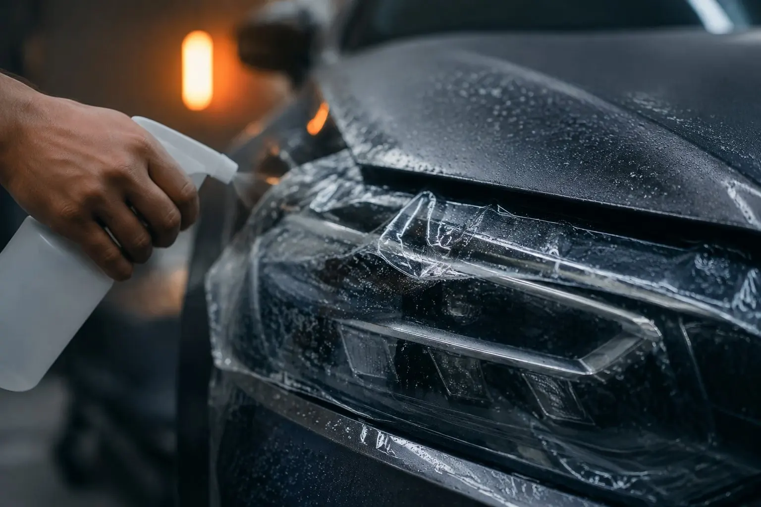 Transparente Schutzfolie wird auf Scheinwerfer und Motorhaubenkante aufgezogen, Wassertropfen unter der Folie.