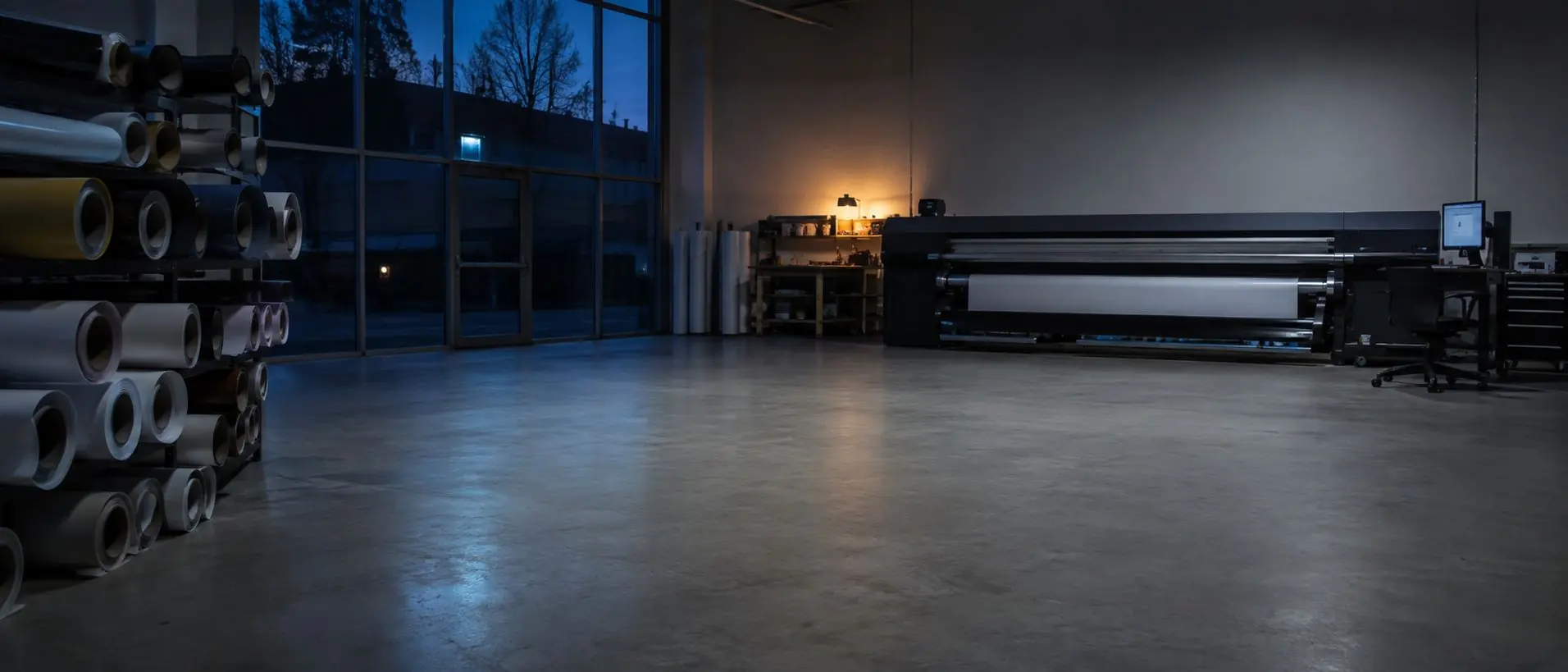 Werkstatt für Werbetechnik in der Dämmerung, Großformatdrucker im Hintergrund, Folienrollen an der Wand.
