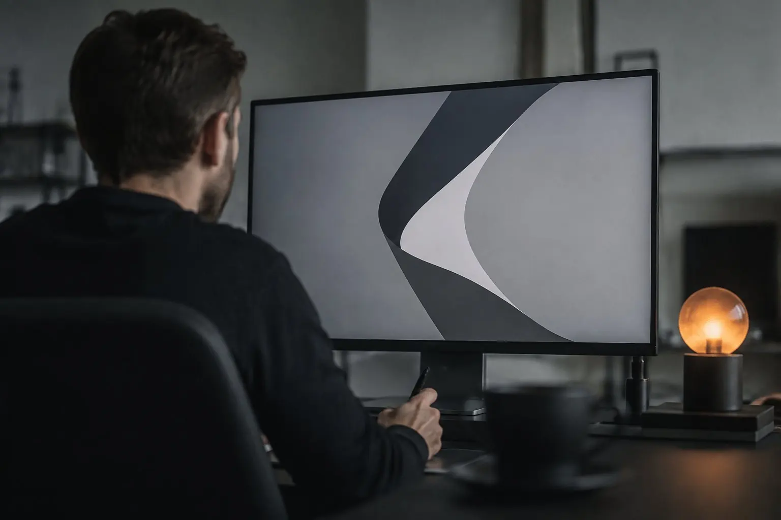 Gestaltungsarbeitsplatz von hinten, Monitor mit abstrakter Vektorform, gedämpftes kühles Licht.